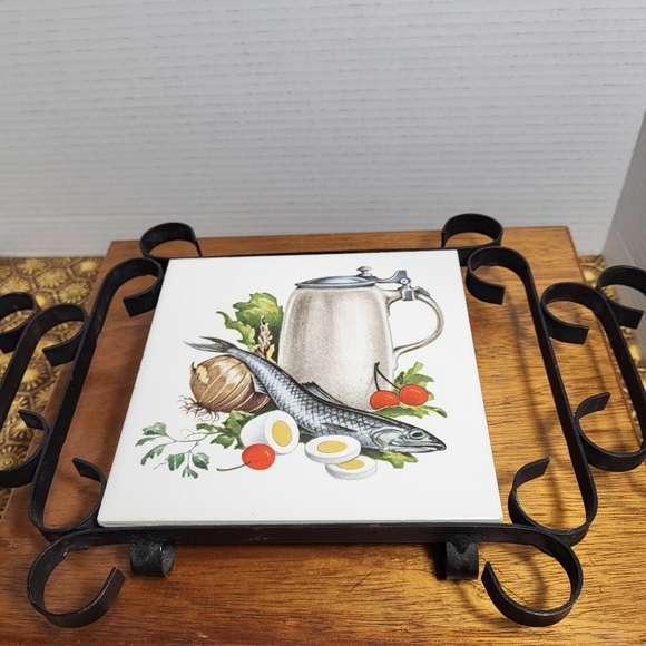 Vintage Wrought Iron and Ceramic Tile Trivet Fish and Eggs - Picture 13 of 16